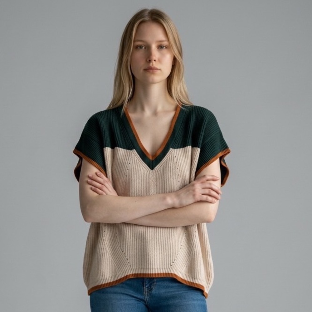 Entro Womens M Colorblock Ribbed Knit V-Neck Sweater Vest Green Cream Orange M‎